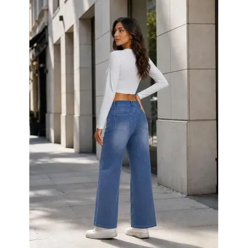 DLOODA High Waist Lounge Wide Leg Jeans, Medium Blue, view 2