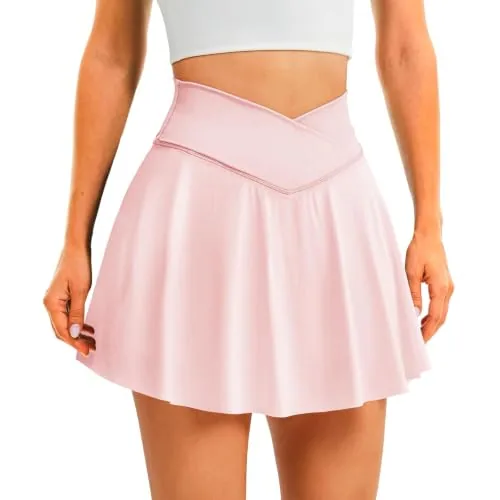 DLOODA High Waist Tennis Skort Crossover, with Pockets, Pink