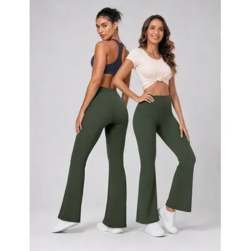 DLOODA High Waist Yoga Flare Leggings Seamless Front, Army Green, view 5