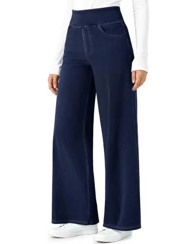 DLOODA High Waist Lounge Denim Wide Leg Jeans, Dark Blue