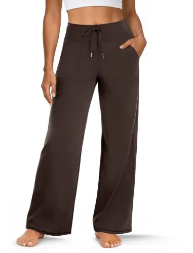 DLOODA High Waist Yoga Wide Leg Pants with Pockets, Brown