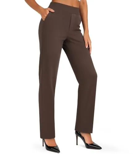 DLOODA High Waist Work Straight Leg Pants with Pockets, Brown