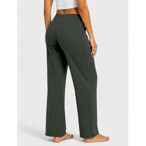 DLOODA High Waist Yoga Wide Leg Pants with Pockets, Olive Green, view 2