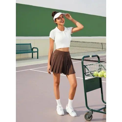 DLOODA High Waist Tennis Pleated Skort with Pockets, Brown, view 3