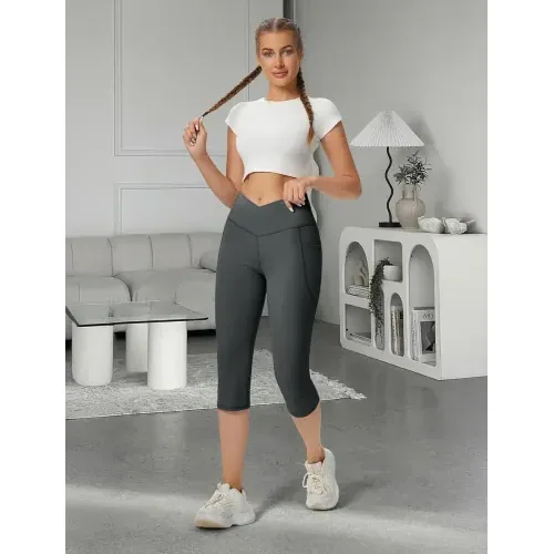 DLOODA High Waist Yoga Capri Leggings, Grey, view 3