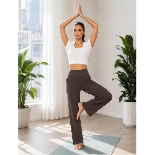 DLOODA High Waist Yoga Wide Leg Pants with Pockets, Brown, view 3