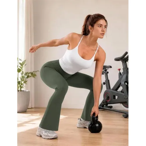 DLOODA High Waist Yoga Flare Leggings with Pockets, Army Green, view 5