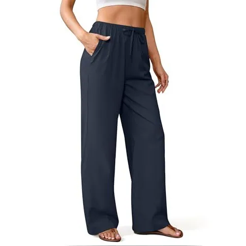 DLOODA High Waist Work Linen Palazzo Pants, Navy, view 2