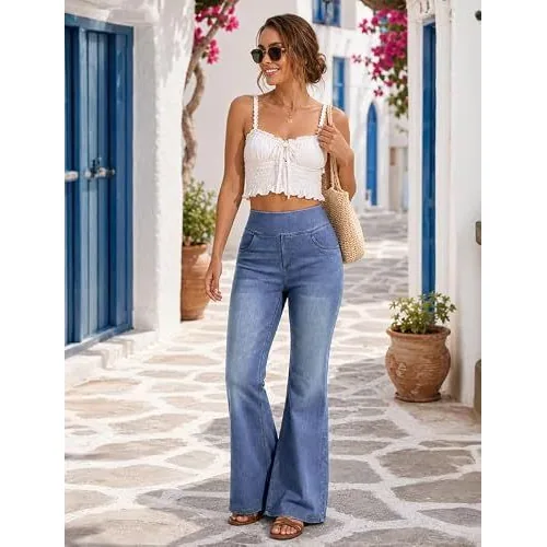 DLOODA High Waist Denim Flare Jeans, Light Blue, view 3