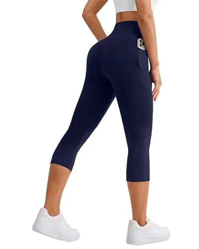 DLOODA High Waist Yoga Capri Leggings with Pockets, Tummy Control, Navy