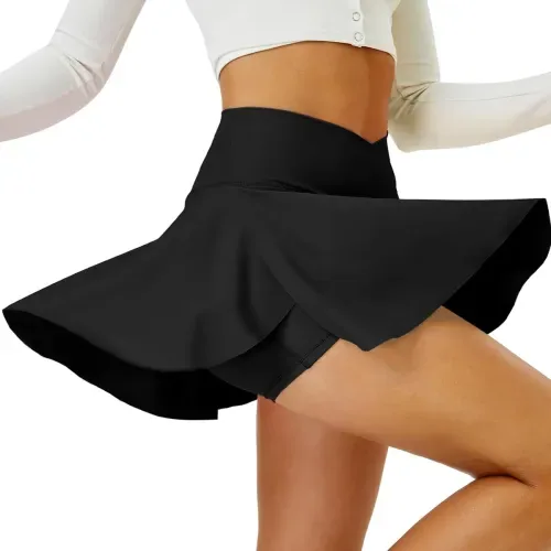 DLOODA High Waist Tennis Skirt Crossover, with Pockets, Black, view 2