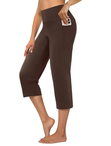 DLOODA High Waist Yoga Cropped Capri Pants with Pockets, Brown
