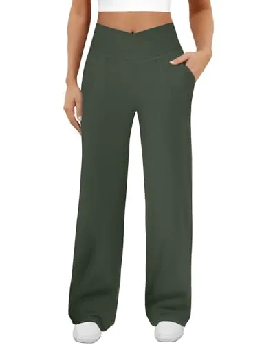 DLOODA High Waist Yoga Sweatpants Crossover, with Pockets, Olive Green
