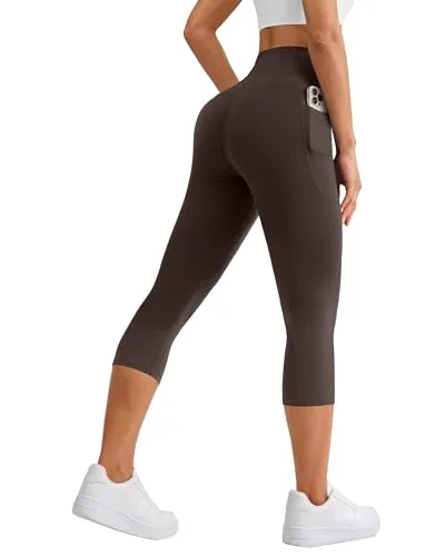 DLOODA High Waist Yoga Capri Leggings with Pockets, Tummy Control, Brown