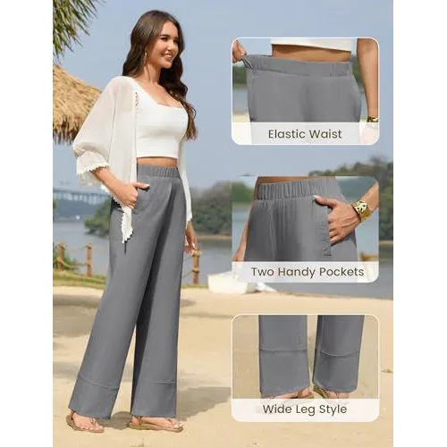 DLOODA High Waist Linen Palazzo Pants with Pockets, Grey, view 5