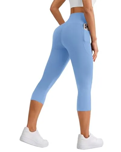 DLOODA High Waist Yoga Capri Leggings with Pockets, Tummy Control, Light Blue