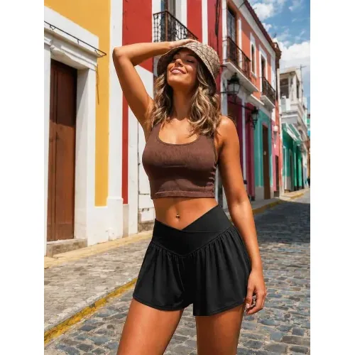 DLOODA High Waist Yoga Flowy Shorts with Pockets, Black, view 3