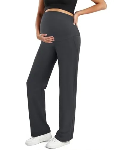 DLOODA High Waist Yoga Maternity Wide Leg Pants with Pockets, Grey