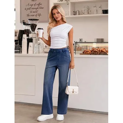 DLOODA High Waist Denim Wide Leg Jeans, Medium Blue, view 4