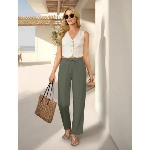DLOODA High Waist Work Linen Dress Pants, Green, view 4