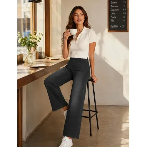 DLOODA High Waist Lounge Wide Leg Jeans, Dark Grey, view 3