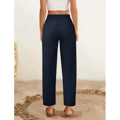 DLOODA High Waist Work Linen Dress Pants, Navy, view 2