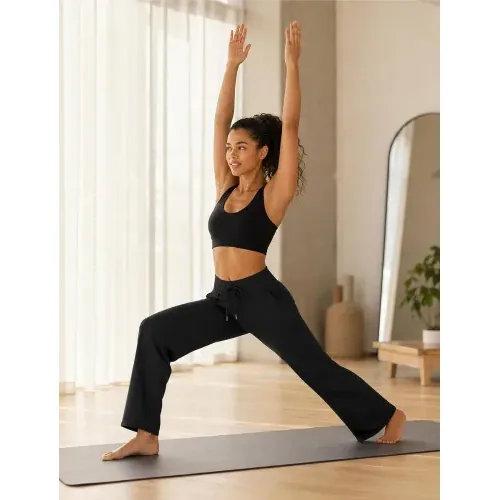 DLOODA High Waist Yoga Wide Leg Pants with Pockets, Black, view 3