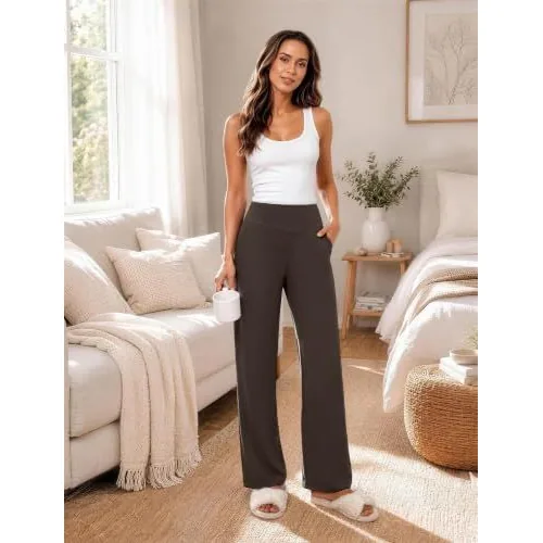 DLOODA High Waist Yoga Wide Leg Pants with Pockets, Brown, view 4