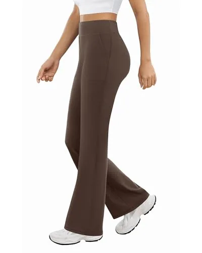 DLOODA High Waist Yoga Bootcut Pants with Pockets, Brown