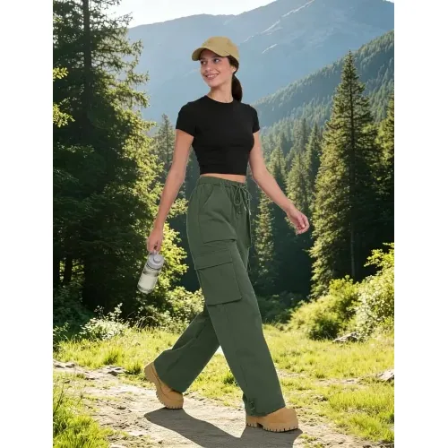 DLOODA High Waist Hiking Baggy Cargo Joggers with Pockets, Army Green, view 3