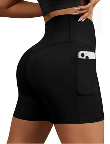 DLOODA High Waist Yoga Biker Shorts with Pockets, Tummy Control, Black