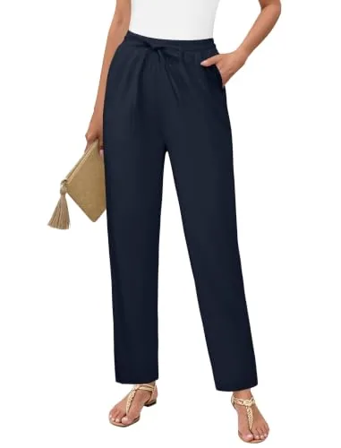 DLOODA High Waist Work Linen Dress Pants, Navy