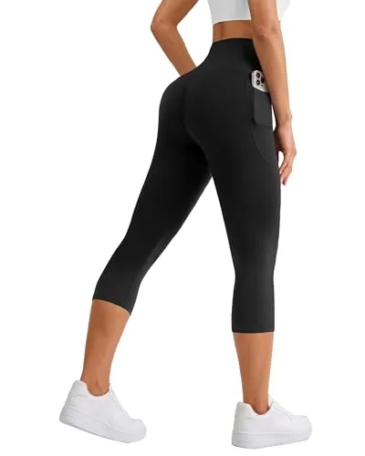 DLOODA High Waist Yoga Capri Leggings with Pockets, Tummy Control, Black