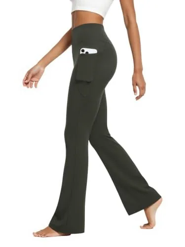 DLOODA High Waist Yoga Flare Leggings with Pockets, Army Green