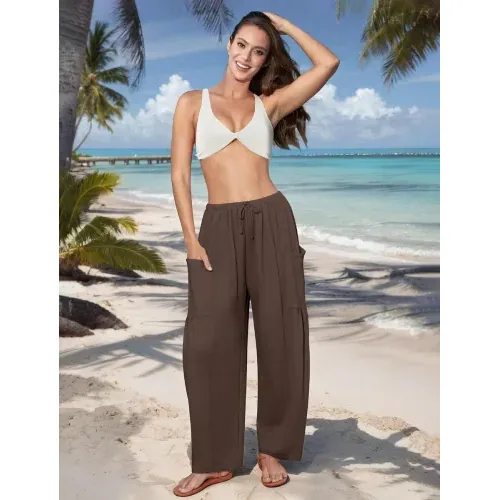 DLOODA Work Flowy Palazzo Pants with Pockets, Coffee, view 3