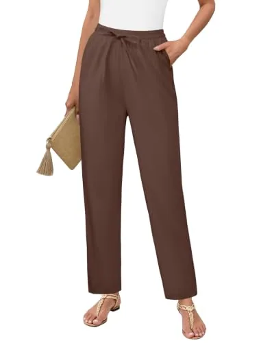 DLOODA High Waist Work Linen Dress Pants, Brown