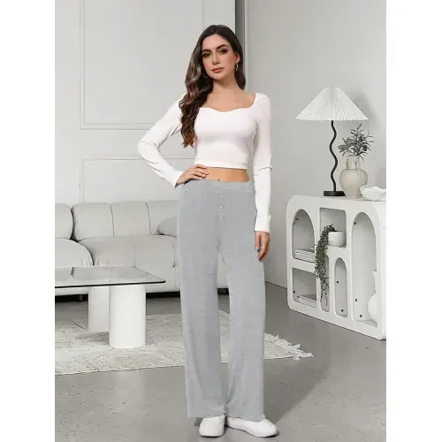 DLOODA High Waist Lounge Flowy Wide Leg Pants with Pockets, Light Grey, view 3
