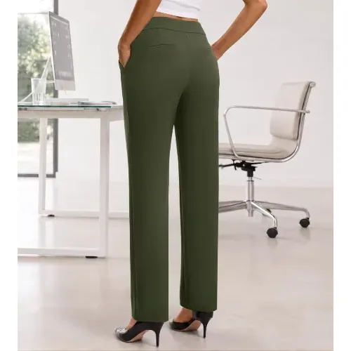 DLOODA High Waist Work Straight Leg Pants with Pockets, Army Green, view 2
