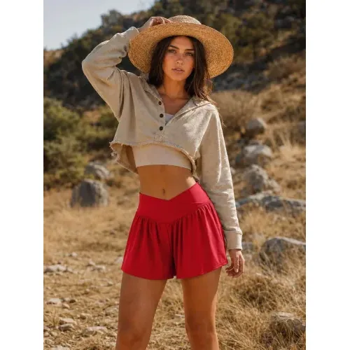 DLOODA High Waist Yoga Flowy Shorts with Pockets, Red, view 5