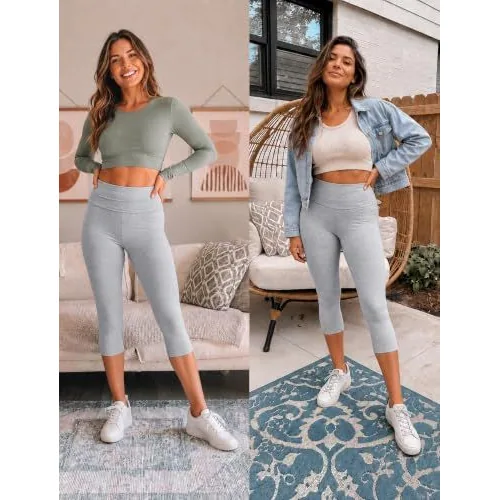DLOODA High Waist Yoga Cropped Capri Leggings, Light Grey, view 2