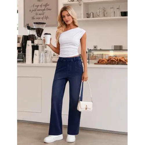 DLOODA High Waist Denim Wide Leg Jeans, Dark Blue, view 4