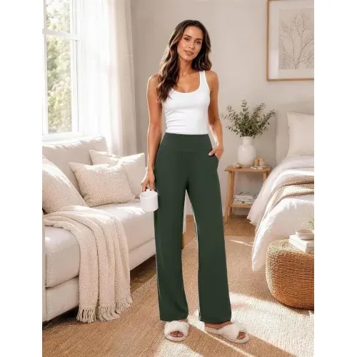 DLOODA High Waist Yoga Wide Leg Pants with Pockets, Olive Green, view 5