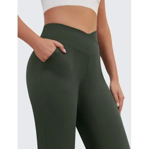 DLOODA High Waist Yoga Sweatpants Crossover, with Pockets, Olive Green, view 2