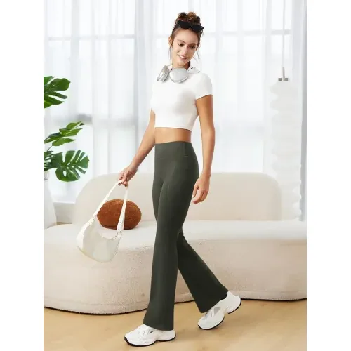 DLOODA High Waist Yoga Flare Leggings with Pockets, Army Green, view 4
