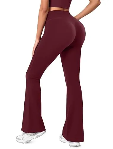 DLOODA High Waist Yoga Flare Leggings Buttery Soft, Wine Red