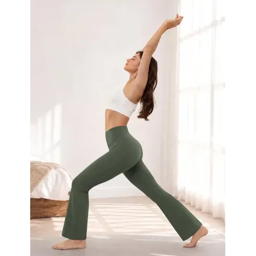 DLOODA High Waist Yoga Flare Leggings with Pockets, Army Green, view 4