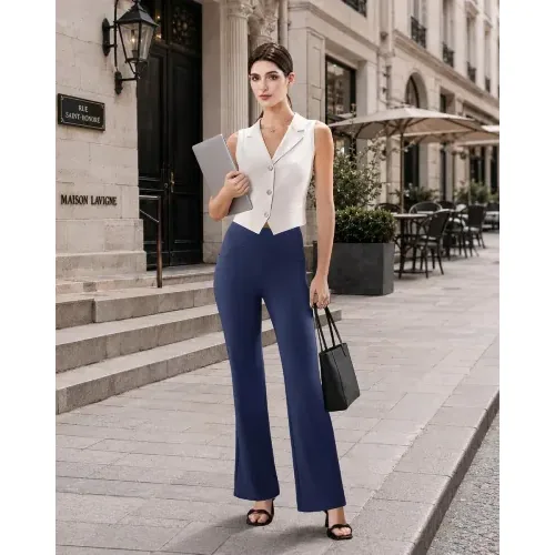 DLOODA High Waist Work Flare Pants with Pockets, Navy, view 3