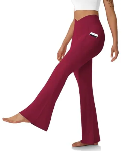 DLOODA High Waist Yoga Flare Leggings Crossover, with Pockets, Burgundy