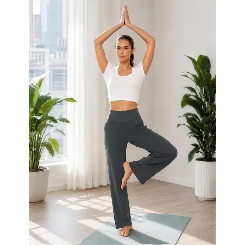 DLOODA High Waist Yoga Wide Leg Pants with Pockets, Grey, view 3