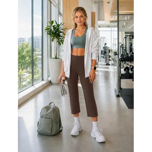 DLOODA High Waist Yoga Cropped Capri Pants with Pockets, Brown, view 4